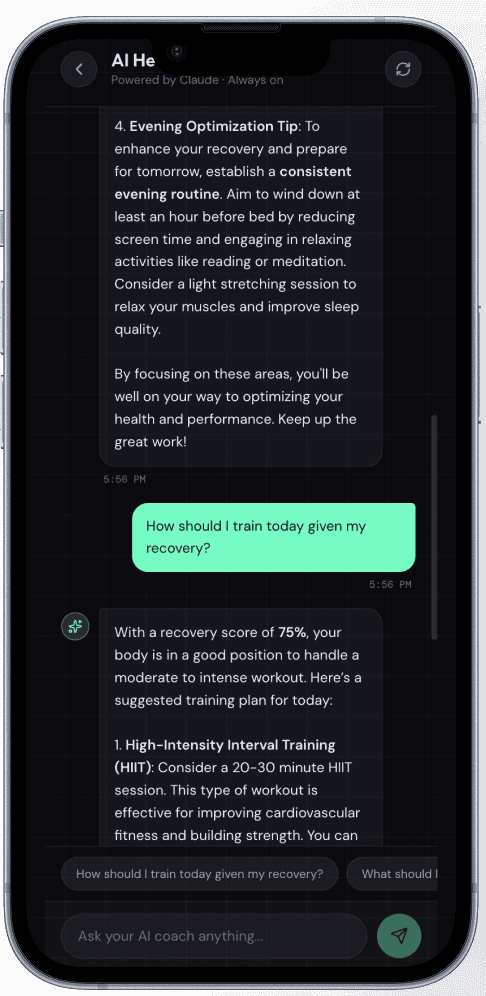 Wuvo AI coach chat: personalized training and recovery guidance on iPhone