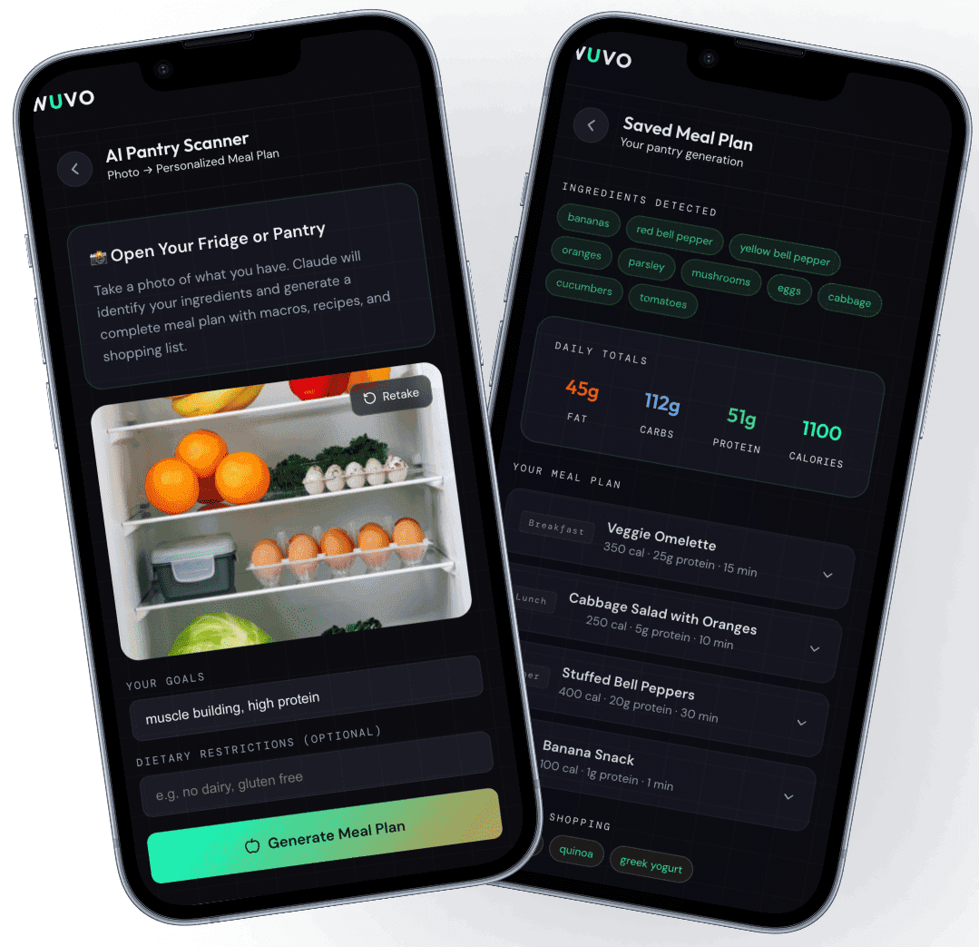 Wuvo pantry scan: fridge photo input and AI-generated meal plan with macros on two phones